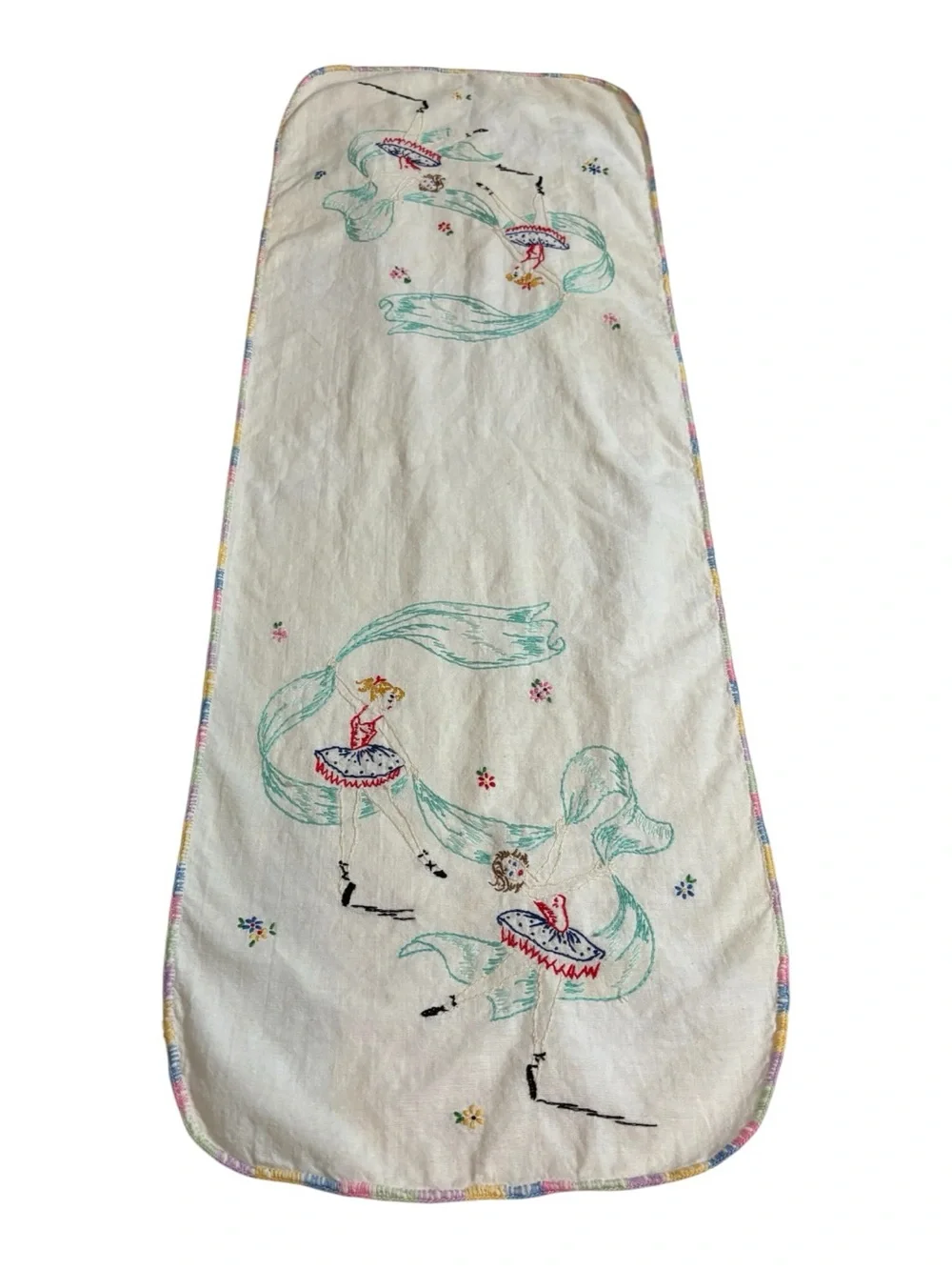 Vint Embroidered Dresser Scarf Ballerina Dancers Flowers Teal Streamers Ribbons